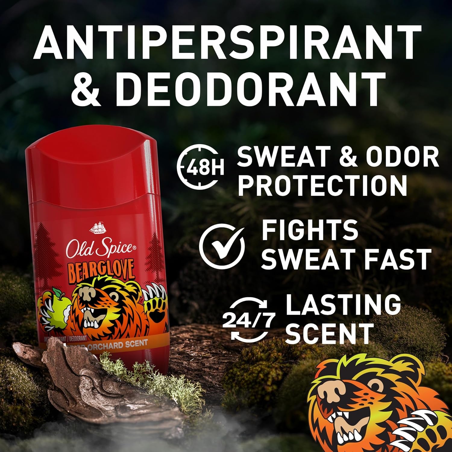 Aluminum Free Deodorant for Men, 24/7 Odor Protection, 24/7 Freshness & Lasting Scent, Goes on Clear, Bearglove with Crisp Orchard Scent, 2.6 Oz