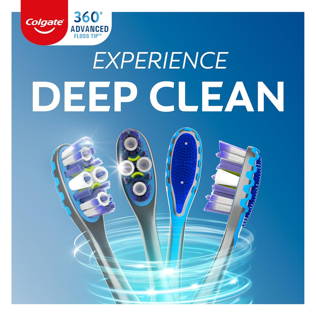 360 Advanced Floss Tip Soft Bristle Toothbrush, 17X Thinner Bristles for Deep Reach between Teeth, Ergonomic Handle with Soft Bristles and Tongue Cleaner, 4 Pack