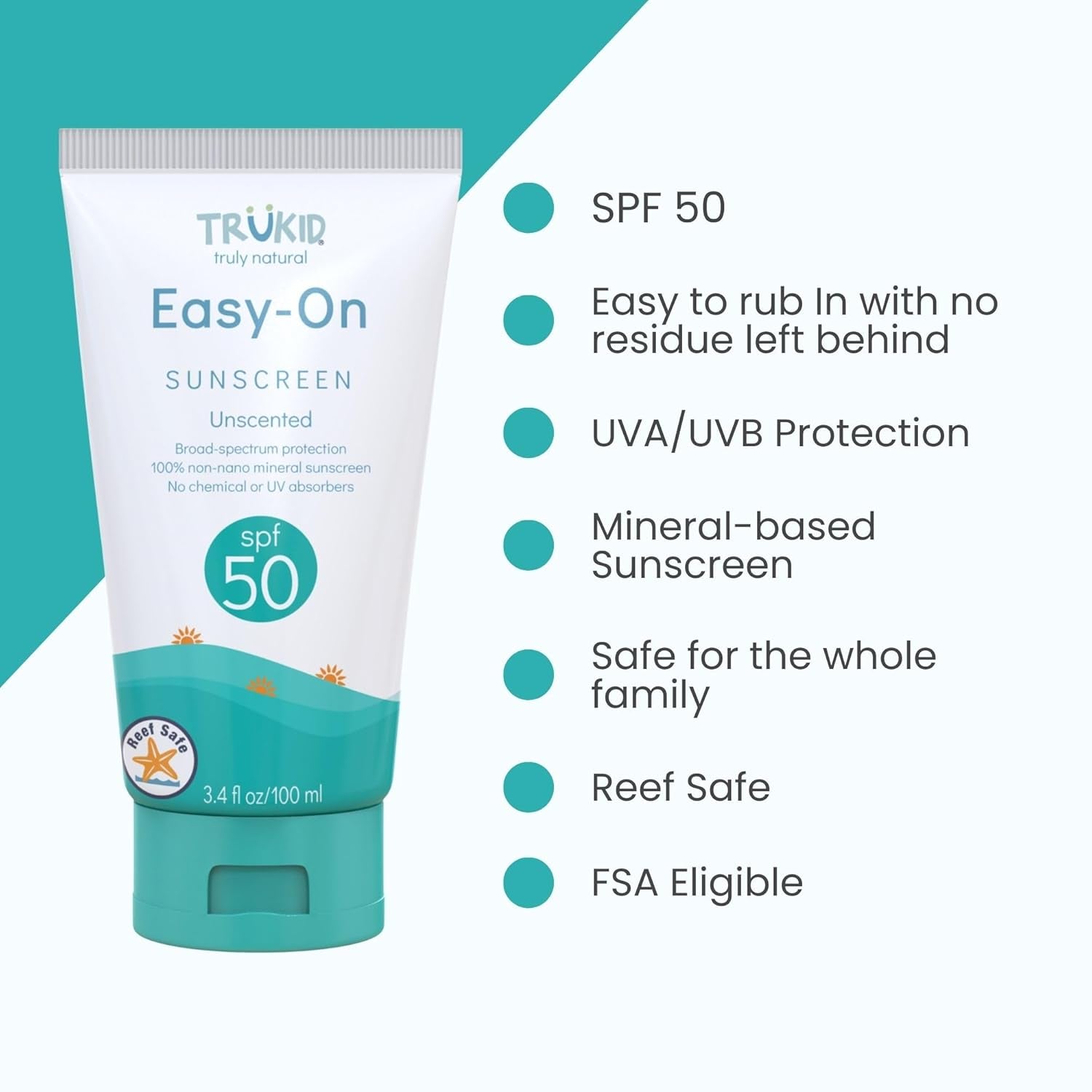 Easy on Mineral Sunscreen SPF 50 - All Natural Kids & Baby Sunscreen for Face & Body, Non-Toxic Zinc Oxide Sunblock Protection for Sensitive Skin, Unscented, FSA Eligible, Travel Size 3.4Oz